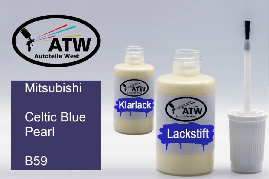 Mitsubishi, Celtic Blue Pearl, B59: 20ml Lackstift + 20ml Klarlack - Set, von ATW Autoteile West.